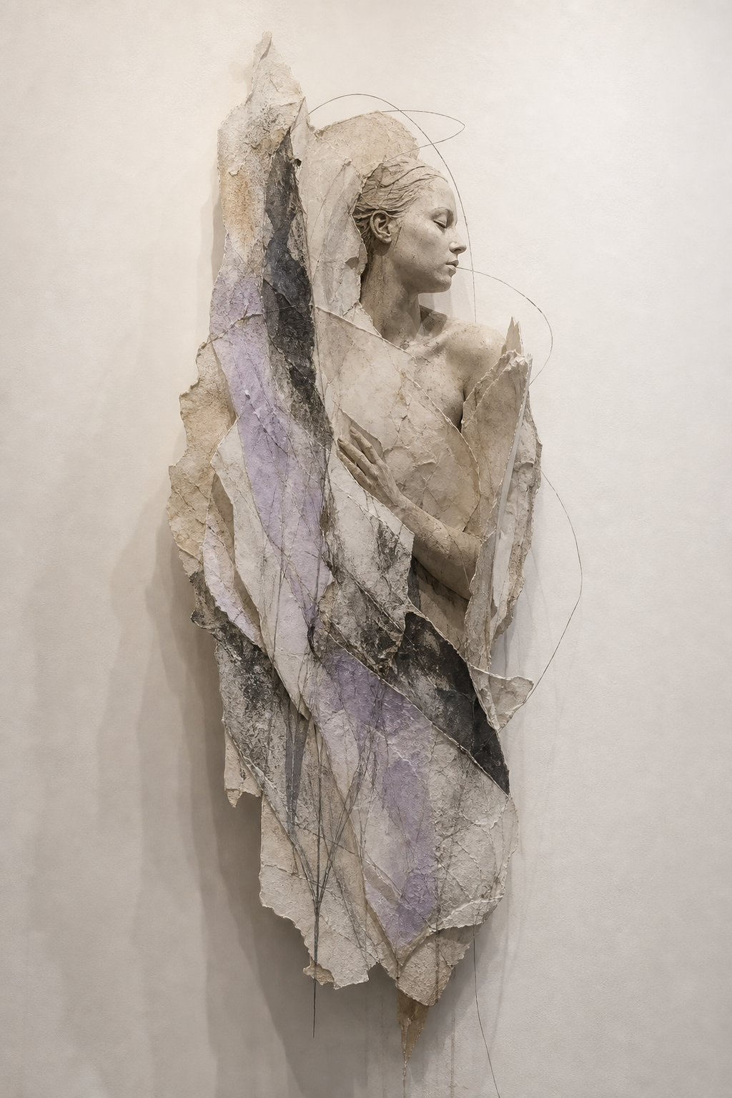 Sculptural mixed-media artwork in a warm white gallery setting